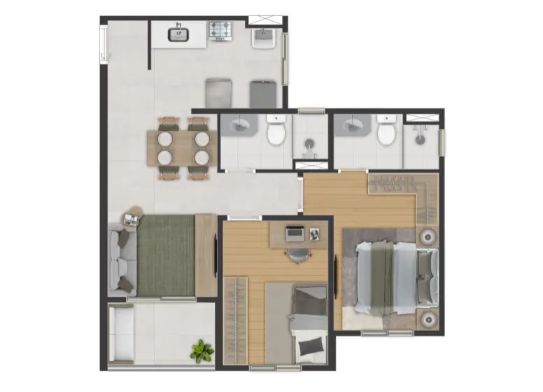 Planta baixa do apartamento de 54,07 m² com suíte, Start Joy